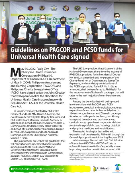 Guidelines on PAGCOR and PCSO funds for Universal Health .